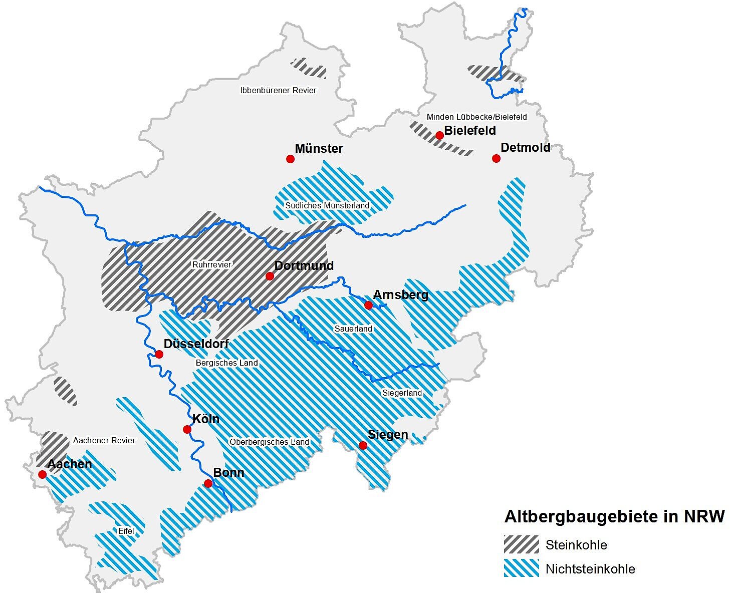 Übersichtskarte der Altbergbaugebiete in NRW